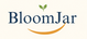 BloomJar logo centered on a warm cream background, with dark blue text, a small green leaf above, and an orange curved accent below.